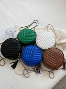 迷你鋸齒圖案流蘇裝飾鏈條圓形包黑色時尚 - 黑色 - 查看 1