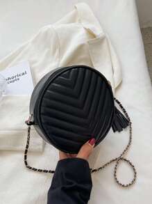 迷你鋸齒圖案流蘇裝飾鏈條圓形包黑色時尚 - 黑色 - 查看 2