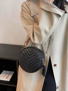 迷你鋸齒圖案流蘇裝飾鏈條圓形包黑色時尚 - 黑色 - 查看 3