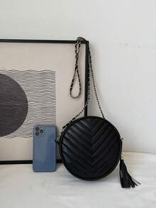 迷你鋸齒圖案流蘇裝飾鏈條圓形包黑色時尚 - 黑色 - 查看 5