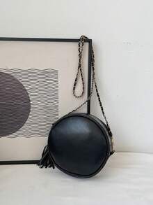 迷你鋸齒圖案流蘇裝飾鏈條圓形包黑色時尚 - 黑色 - 查看 8