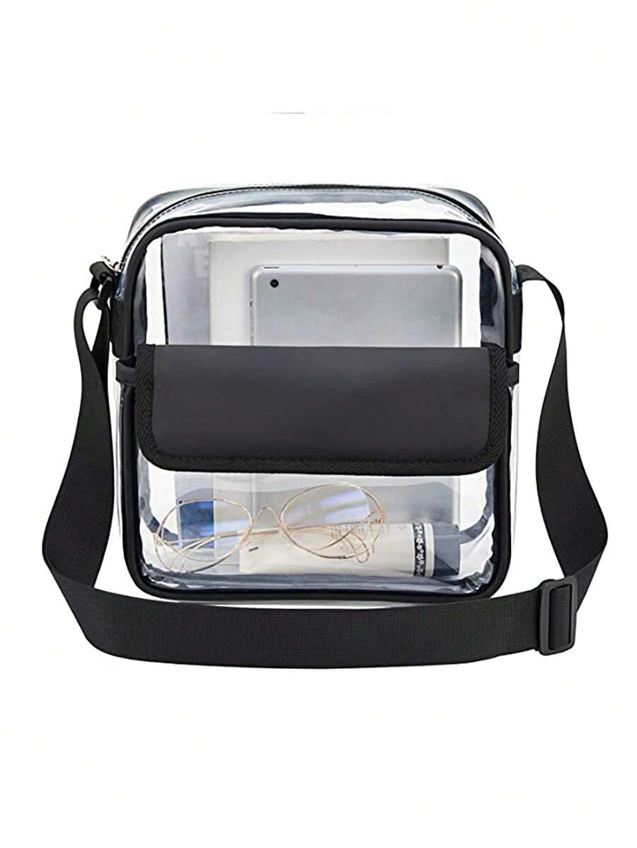 透明郵差包斜挎包體育場認可透明包透明健身房拉鍊手提袋適用於音樂會工作運動、體育場認可12X12X6透明透明錢包袋適用於音樂會體育賽事節日 - 黑色 - 查看 1