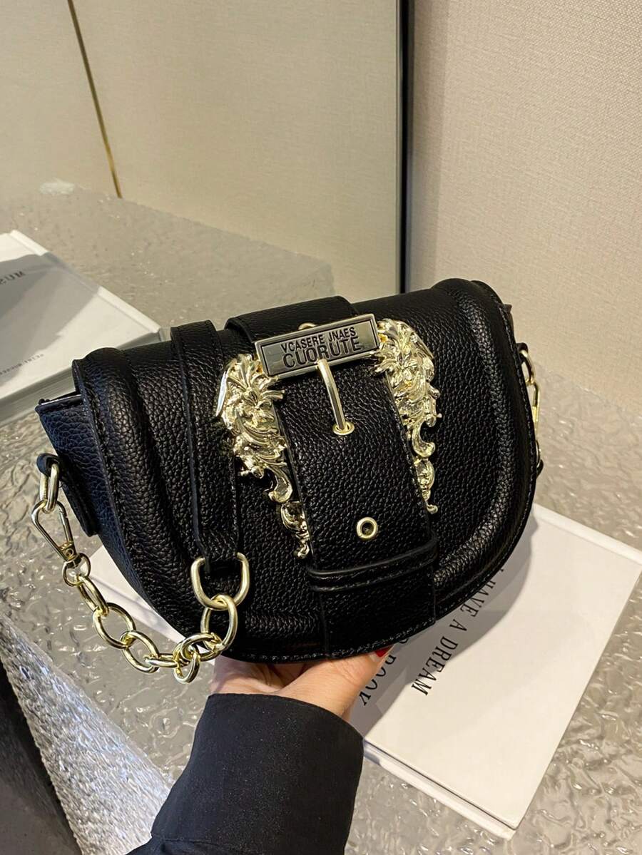 迷你荔枝紋壓花翻蓋馬鞍包金屬裝飾時尚適用於日常 - 黑色 - 查看 1