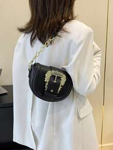 迷你荔枝紋壓花翻蓋馬鞍包金屬裝飾時尚適用於日常 - 黑色 - 查看 2