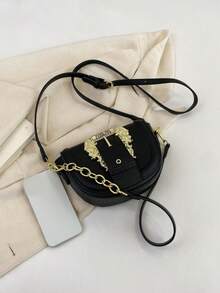 迷你荔枝紋壓花翻蓋馬鞍包金屬裝飾時尚適用於日常 - 黑色 - 查看 4