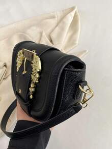 迷你荔枝紋壓花翻蓋馬鞍包金屬裝飾時尚適用於日常 - 黑色 - 查看 5