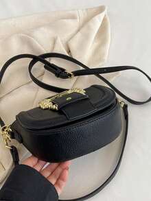 迷你荔枝紋壓花翻蓋馬鞍包金屬裝飾時尚適用於日常 - 黑色 - 查看 6