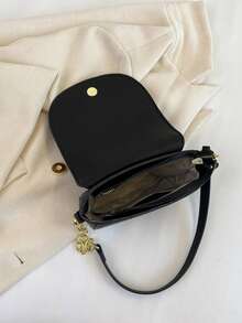 迷你荔枝紋壓花翻蓋馬鞍包金屬裝飾時尚適用於日常 - 黑色 - 查看 7