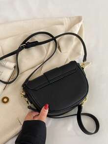 迷你荔枝紋壓花翻蓋馬鞍包金屬裝飾時尚適用於日常 - 黑色 - 查看 8