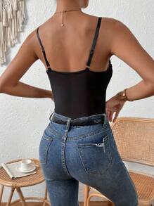 Allurite Áo liền quần ôm nữ Tương phản ren Tương phản Mesh Cắt ra cắt màu trơn Gợi cảm - màu đen - Xem 2