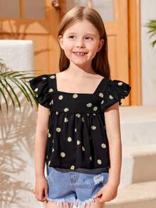 SHEIN 青少女雛菊花草邊荷葉摆襯衫 - 黑色 - 查看 3