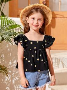 SHEIN 青少女雛菊花草邊荷葉摆襯衫 - 黑色 - 查看 4