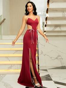 Missord Đầm Lộ Lưng Hội Chữ thập Thắt nút Dây kéo Tương phản ràng buộc Tách cao màu trơn Gợi cảm - Màu Đỏ Sâu - Xem 4