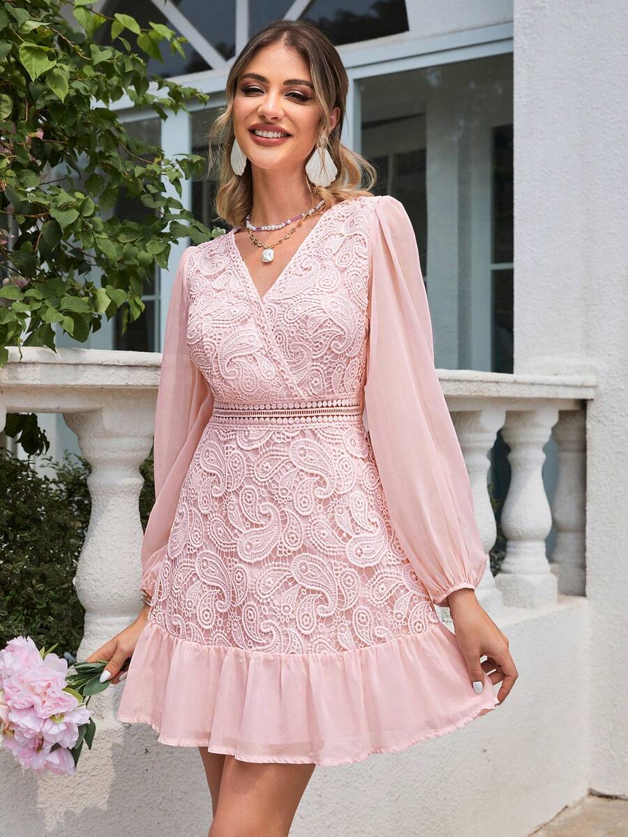 Simplee Vestido de cuello cruzado de manga farol bajo con fruncido con encaje - Rosa Pálido - Ver 1