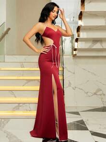 Missord Đầm Lộ Lưng Hội Chữ thập Thắt nút Dây kéo Tương phản ràng buộc Tách cao màu trơn Gợi cảm - Màu Đỏ Sâu - Xem 5