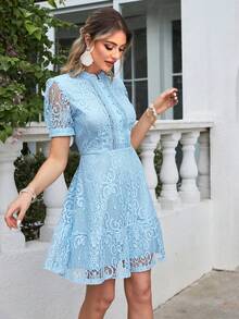 Simplee Half Button Lace Overlay Dress - Blue - View 3
