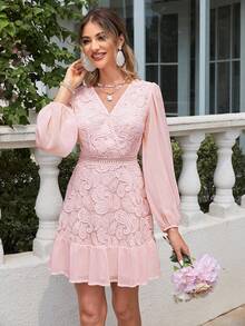 Simplee Vestido de cuello cruzado de manga farol bajo con fruncido con encaje - Rosa Pálido - Ver 3