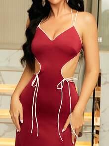 Missord Đầm Lộ Lưng Hội Chữ thập Thắt nút Dây kéo Tương phản ràng buộc Tách cao màu trơn Gợi cảm - Màu Đỏ Sâu - Xem 6