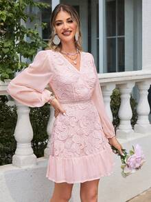 Simplee Vestido de cuello cruzado de manga farol bajo con fruncido con encaje - Rosa Pálido - Ver 4