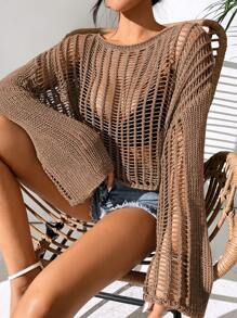 SHEIN VCAY Hollow Out Drop Shoulder Open Knit Sweater Without Bra - Brown - View 1