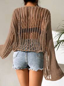 SHEIN VCAY Hollow Out Drop Shoulder Open Knit Sweater Without Bra - Brown - View 2