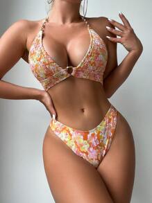 SHEIN Swim 夏季花卉印花褶饰吊带三角比基尼套装 - 彩色 - 查看 1