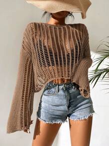 SHEIN VCAY Hollow Out Drop Shoulder Open Knit Sweater Without Bra - Brown - View 3
