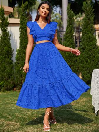 Glamaker 荷葉邊短款上衣和荷葉邊下擺網眼刺繡半身裙