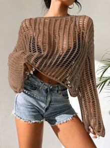 SHEIN VCAY Hollow Out Drop Shoulder Open Knit Sweater Without Bra - Brown - View 4