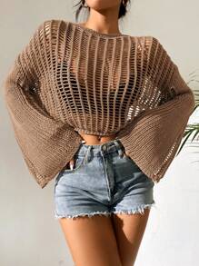SHEIN VCAY Hollow Out Drop Shoulder Open Knit Sweater Without Bra - Brown - View 5