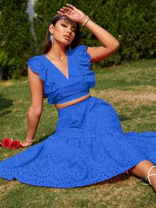 Glamaker 荷葉邊短款上衣和荷葉邊下擺網眼刺繡半身裙 - 藍色 - 查看 3