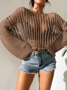 SHEIN VCAY Hollow Out Drop Shoulder Open Knit Sweater Without Bra - Brown - View 6