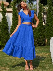 Glamaker 荷葉邊短款上衣和荷葉邊下擺網眼刺繡半身裙 - 藍色 - 查看 4