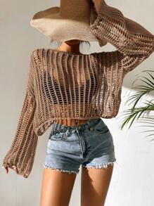 SHEIN VCAY Hollow Out Drop Shoulder Open Knit Sweater Without Bra - Brown - View 7