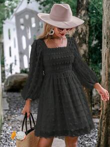 Simplee 圓點方領燈籠袖連衣裙 - 黑色 - 查看 3