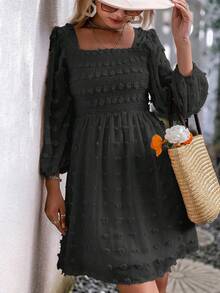 Simplee 圓點方領燈籠袖連衣裙 - 黑色 - 查看 4