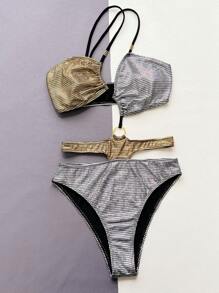 金屬質感環鏈鏤空單肩連體泳衣 - 銀色 - 查看 4