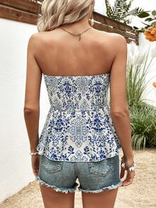 SHEIN VCAY Allover Print Shirred Tube Top - Blue and White - View 2