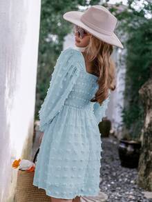 Simplee 圓點方領燈籠袖連衣裙 - 淺藍色 - 查看 2