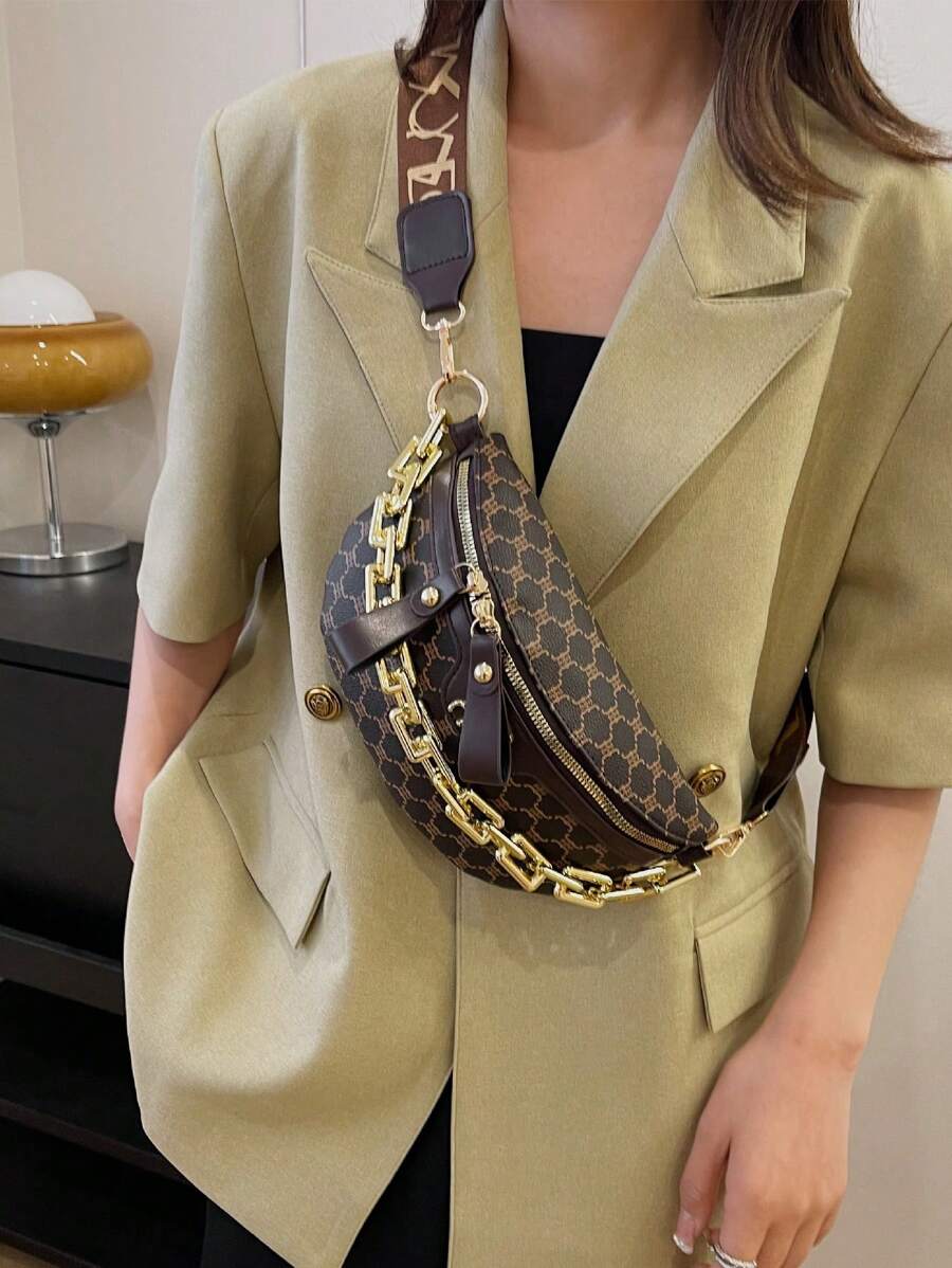 New Fashion Leisure Female Bag Acrylic Chain Integrated Waist Bag, Crocodile Pattern Chest Bag, Retro, Versatile, Gift, Red