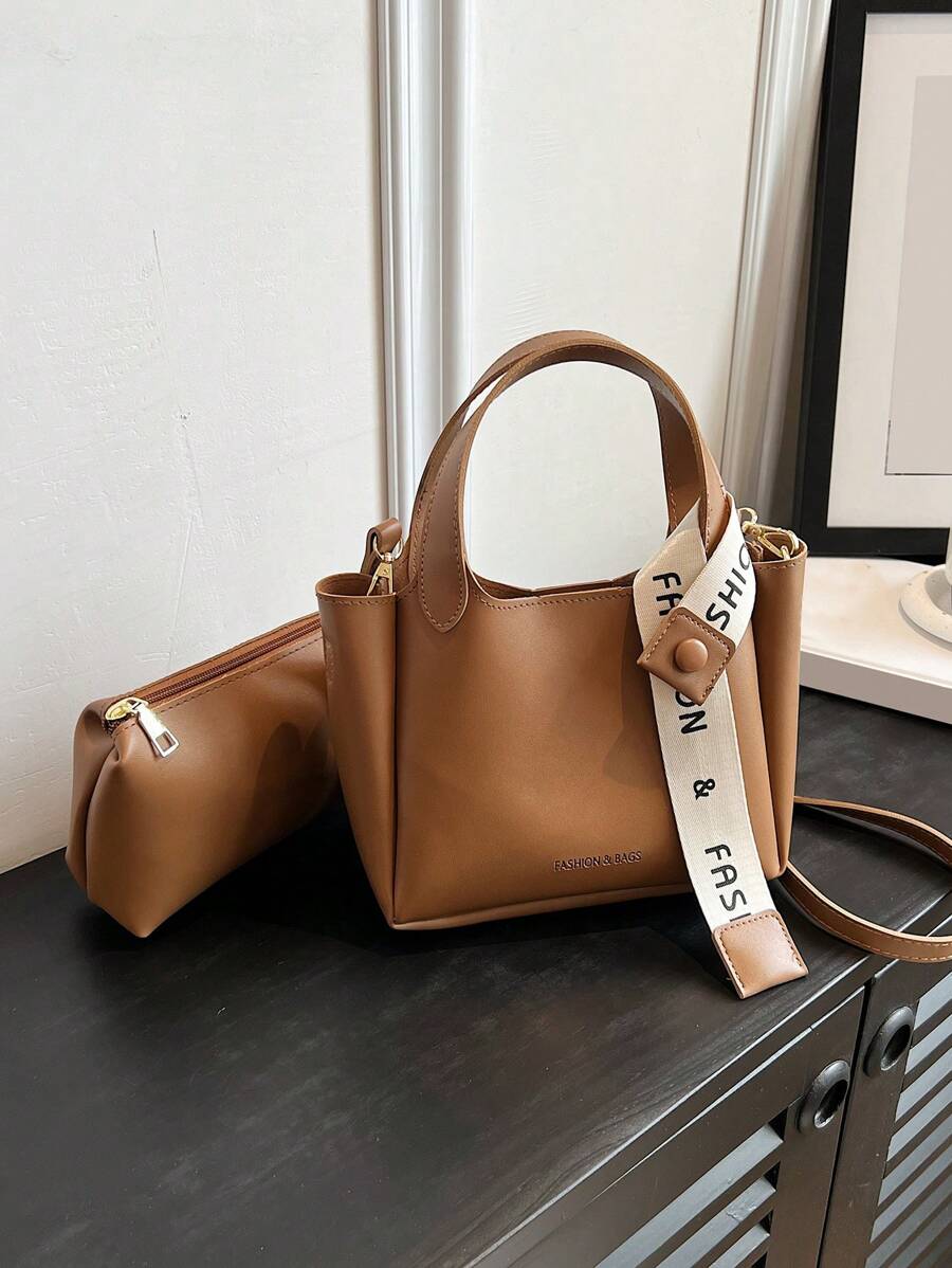 Letter Tape Decor Square Bag With Inner Pouch PU Brown Fashionable - Brown - View 1