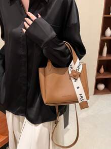 Letter Tape Decor Square Bag With Inner Pouch PU Brown Fashionable - Brown - View 2