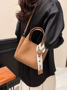 Letter Tape Decor Square Bag With Inner Pouch PU Brown Fashionable - Brown - View 4