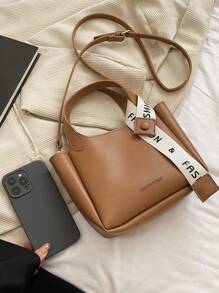 Letter Tape Decor Square Bag With Inner Pouch PU Brown Fashionable - Brown - View 5