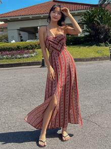 DAZY Allover Print Split Thigh Cami Dress Cruise Women Outfits Vacation Outfits Women - Red - View 1