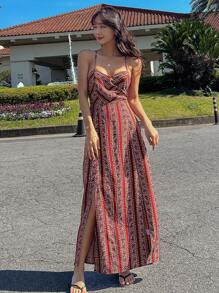 DAZY Allover Print Split Thigh Cami Dress Cruise Women Outfits Vacation Outfits Women - Red - View 4