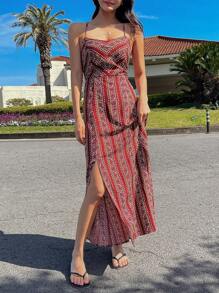 DAZY Allover Print Split Thigh Cami Dress Cruise Women Outfits Vacation Outfits Women - Red - View 7