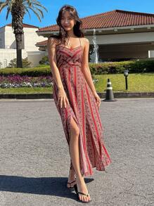 DAZY Allover Print Split Thigh Cami Dress Cruise Women Outfits Vacation Outfits Women - Red - View 8