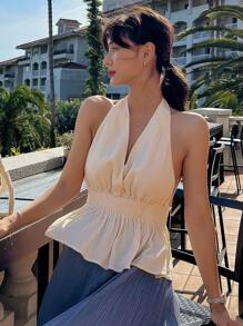 DAZY Solid Backless Peplum Halter Top Going Out Tops Tank Tops Babydoll Top Festival Outfits