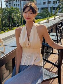 DAZY Solid Backless Peplum Halter Top Going Out Tops Tank Tops Babydoll Top Festival Outfits